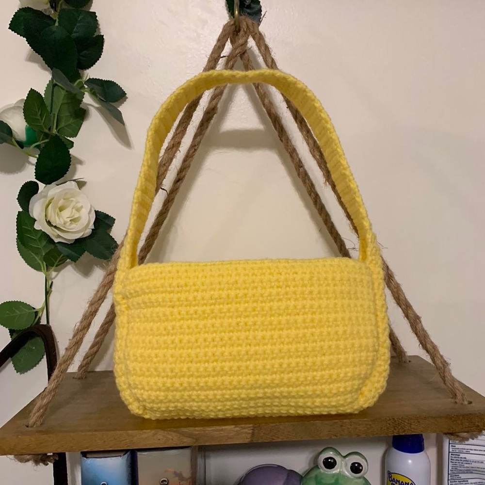 yellow crochet baguette bag